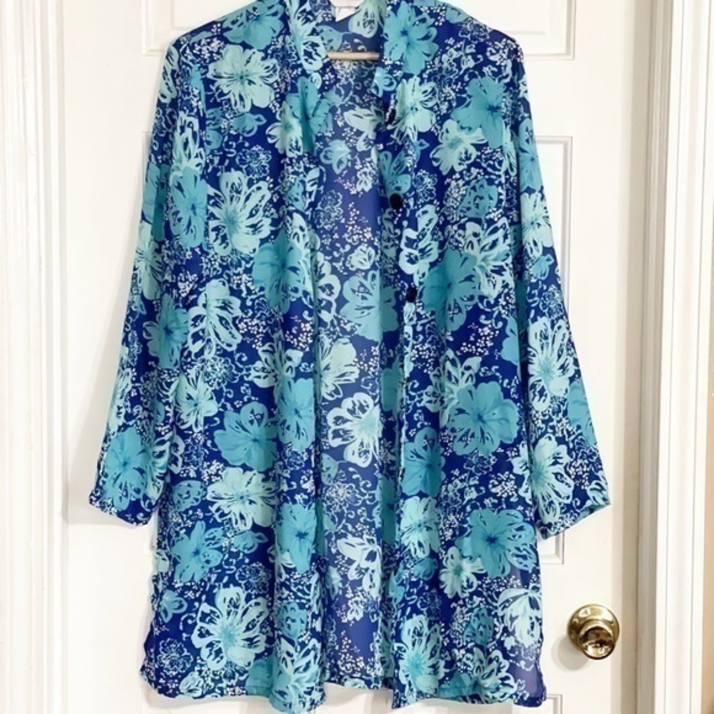 Elizabeth Williams Blue Turquoise Floral Long Top